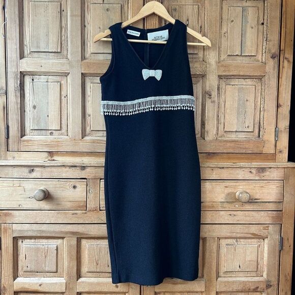 Steve Fabrikant Petite Black Beaded Bow Fringe Dress Sleeveless Tank Vintage NWT - Picture 1 of 9